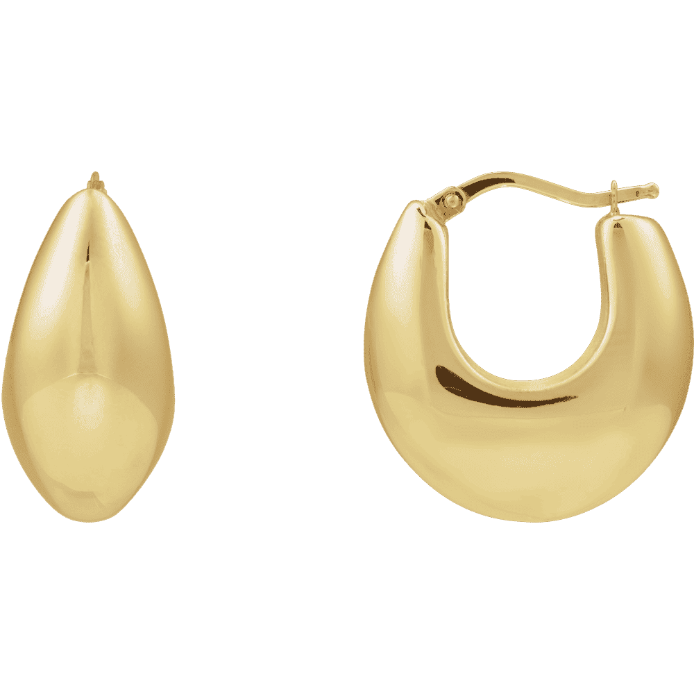 Gold hoop earring and teardrop-shaped earring on a green background