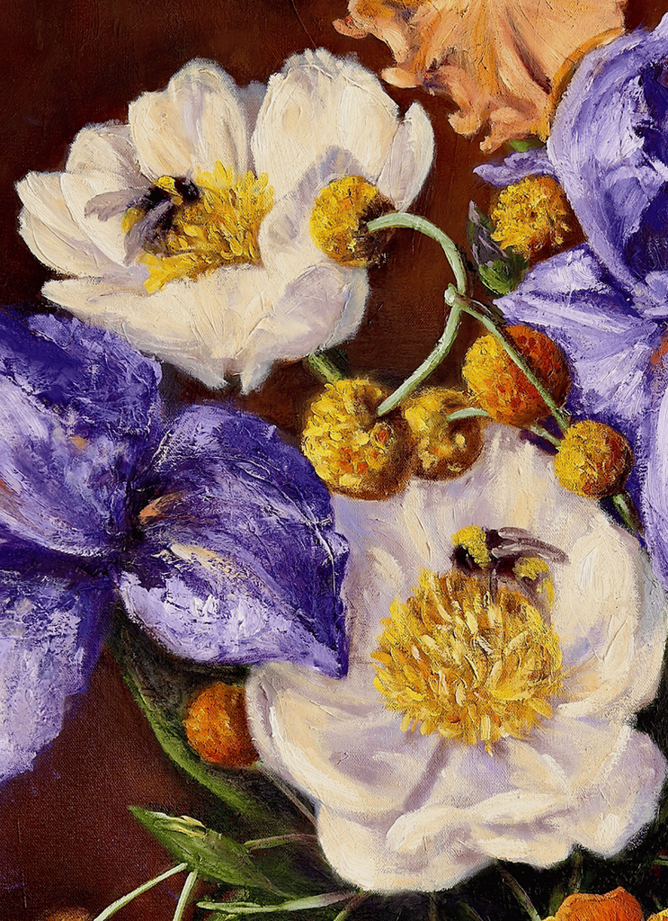 Colorful floral arrangement with purple, white, and orange flowers on a brown background