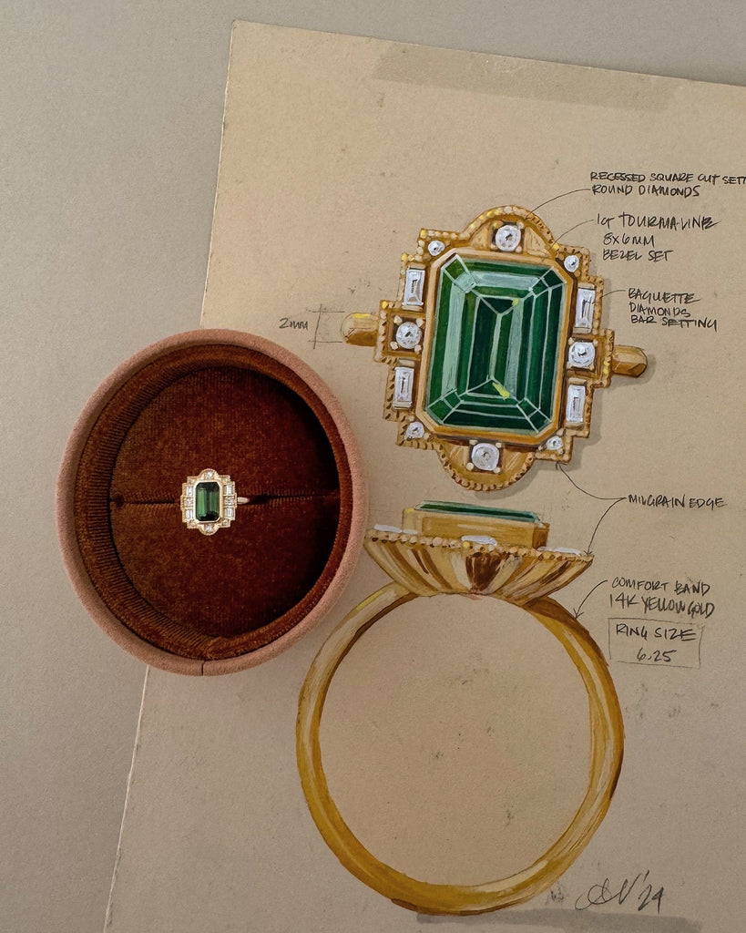 Custom Ring design painting on paper with finished gold tourmaline ring. 